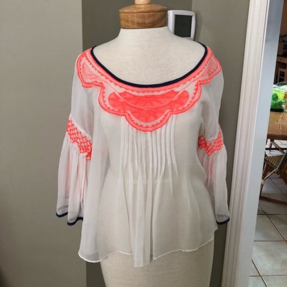 Plenty by Tracy Reese 100% Silk Sheer & Neon Embroidery Bell Sleeve - Picture 3 of 9